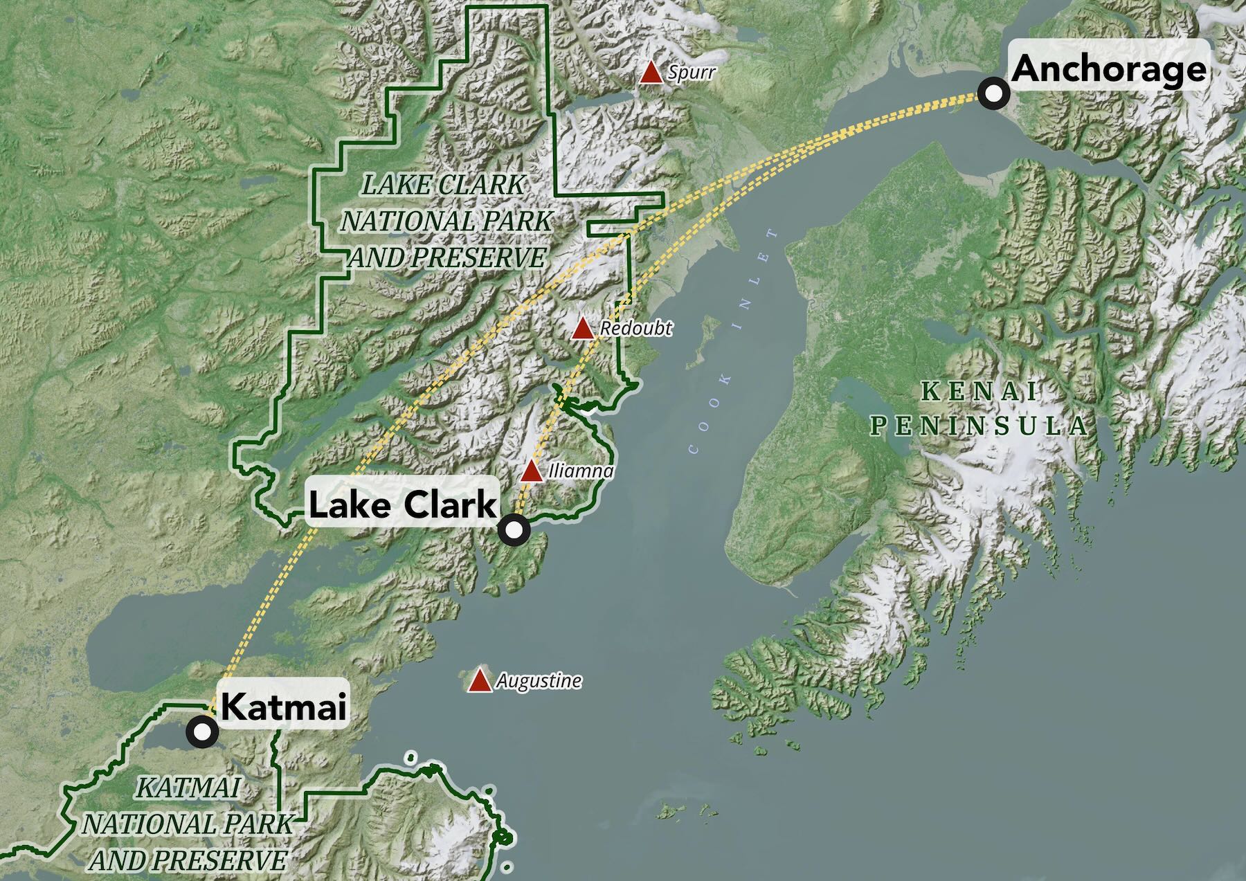 map of flight routes to bear viewing locations at katmai national park and lake clark national park